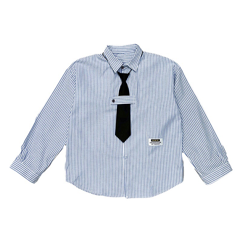 Children's Long-Sleeved Striped Shirt for Spring and Autumn, Boys' Stylish Autumn Outfit with Button-Up Tie, Casual Cardigan