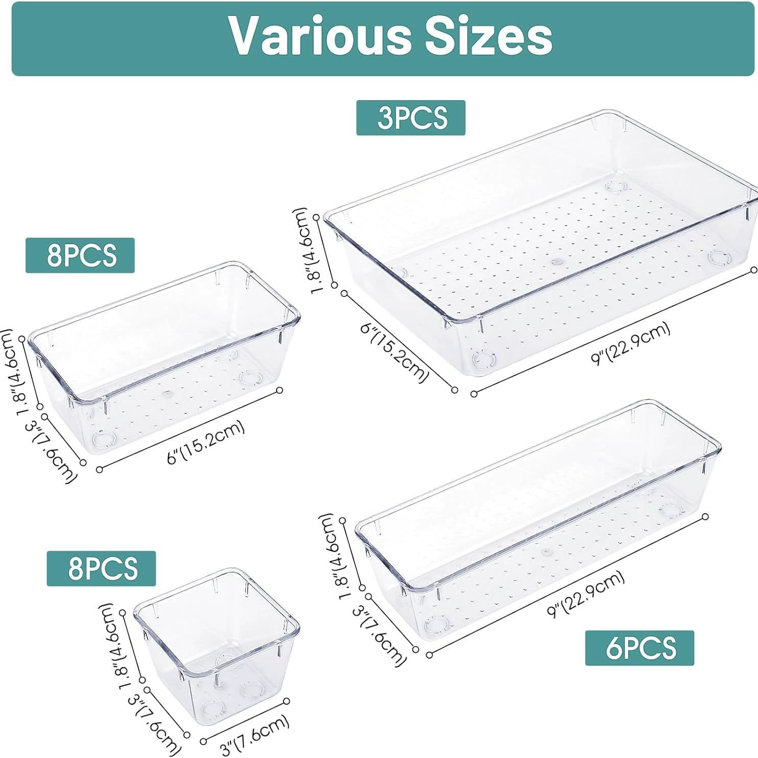 Transparent Storage Box Set, Multi-Size PET/PS Organizers for Dressing Table, Stackable
