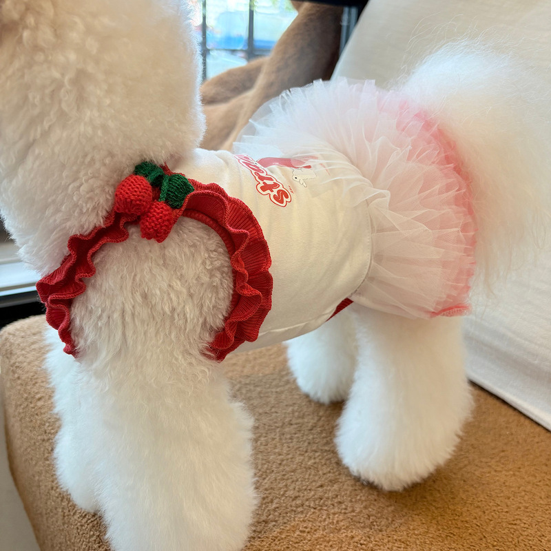 ペットの犬と猫の服サスペンダープリンセススカート小型犬と猫チェリープリント快適なチュチュスカートガーゼスカート|undefined