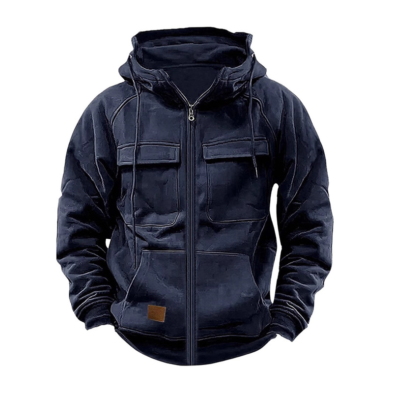 2025 Cross-Border Export Autumn and Winter New Men's Hooded Pure Color European and American Retro Loose Multi-Flap Pocket Pants Zipper Sweatshirt for Men 2025 Cross-Border Export Autumn and Winter New Men's Hooded Pure Color European and American Retro Loose Multi-Flap Pocket Pants Zipper Sweatshirt for Men