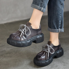 厚底松糕大圓頭女鞋2024春夏新款復古擦色單鞋真皮手工民族風女鞋