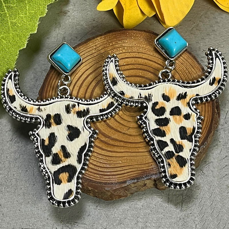 1 Pair Ethnic Style Bull Head Alloy Leather Inlay Turquoise Womenu0027S Drop Earrings