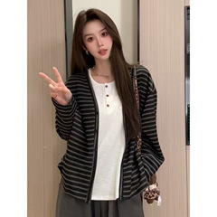 美式复古上衣女早秋季宽松休闲小个子条纹外套显瘦慵懒风长袖开衫