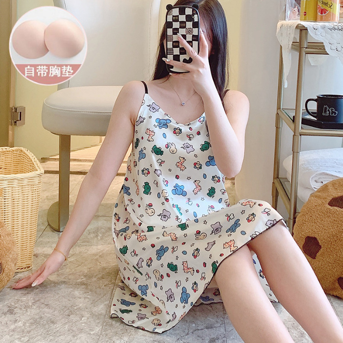 2024 pijama de verano cinta de simulación cojín de pecho delgado de dibujos animados sexy vestido de pijama de ropa de casa de mujer vestido unificado