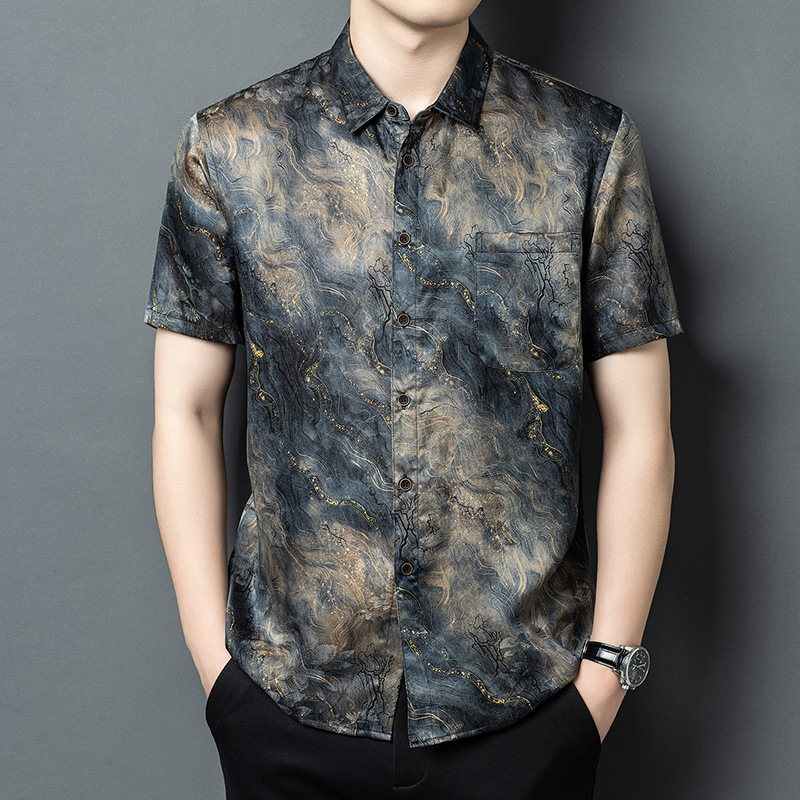 Áo sơ mi nam ngắn tay lụa Mulberry Silk rộng rãi mùa hè — Xám 26625