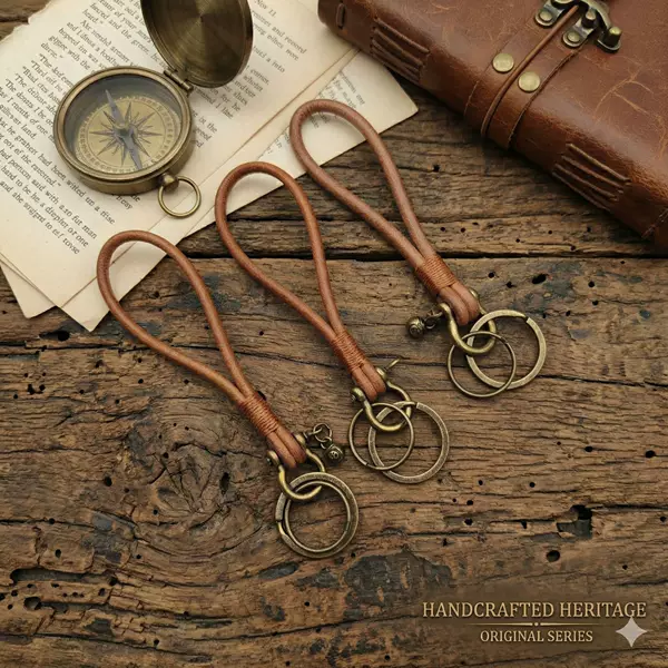 【Source Factory】Genuine Leather Keychain with Lanyard, Simple Handmade Wrist Strap, Car Key Ring, Vintage Pendant