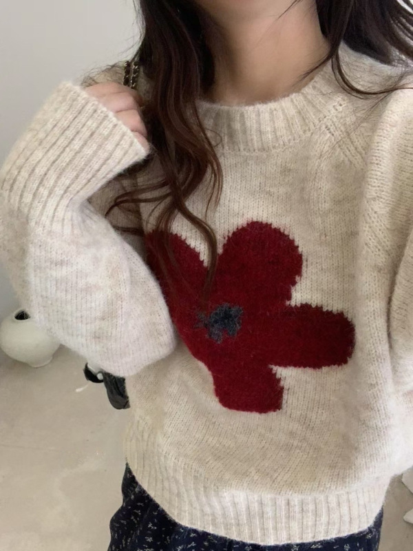 韩系花朵提花圆领毛衣女2025秋冬宽松洋气短款套头毛针织衫上衣潮|undefined