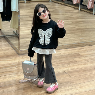 Autumn 2024 new style lace bow sweater stacked cake skirt western style vintage flared pants suit