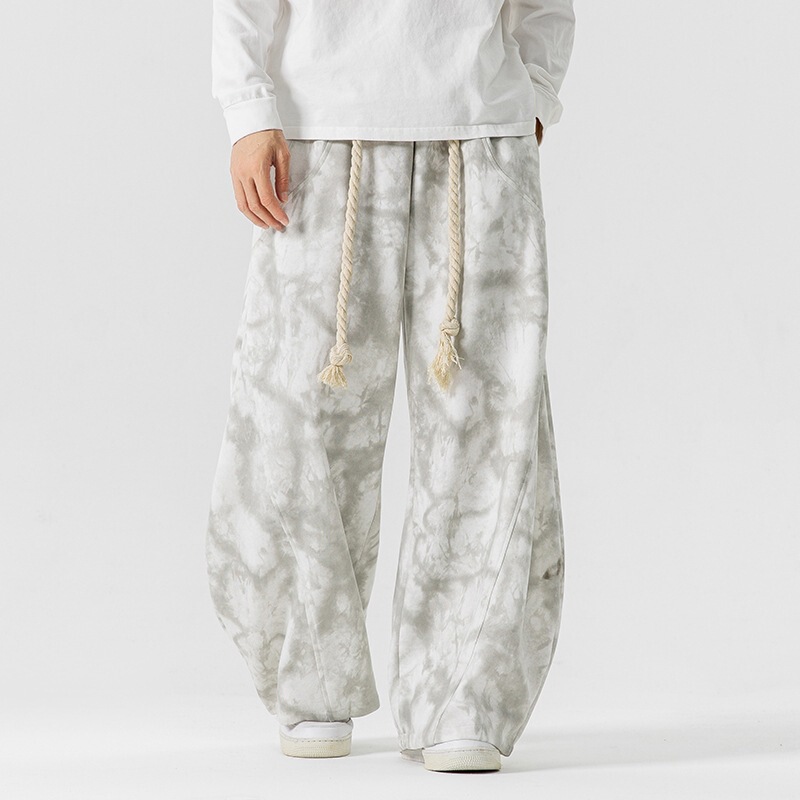 2024 autumn and winter new men's plus size Japanese style tie-dye casual pants thick rope wide leg machete pants
