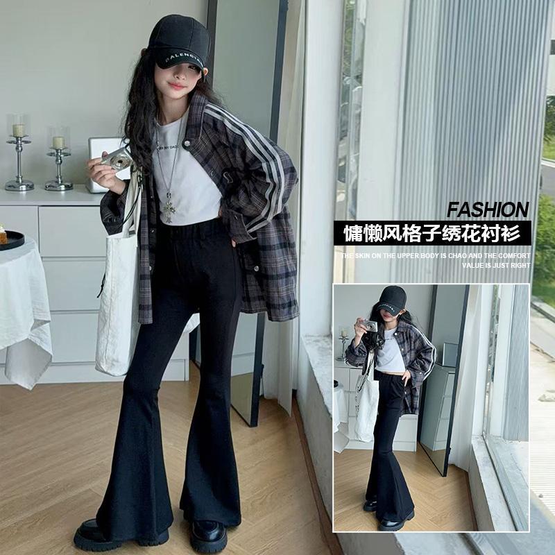Zhili children's long-sleeved shirt for girls, autumn style, Korean casual, versatile, mid-length, loose fit, fashionable striped plaid shirt