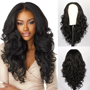 Cross-Border European and American Women's Wigs Yaki Black Medium-Parted Fluffy Long Curly Hair Chemical Fiber Full Headgear Wigs