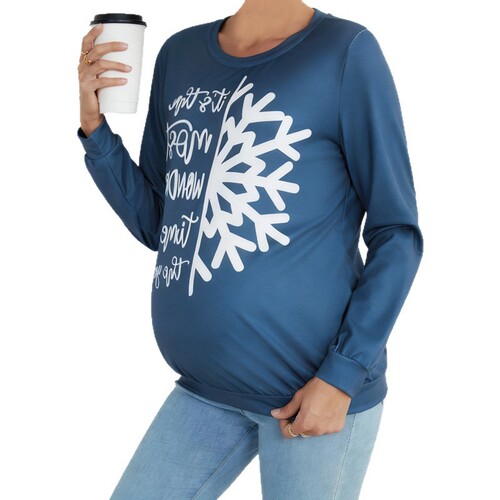 Blue Snowflake European and American Style Maternity Long-Sleeve Hoodie Top for Outerwear Loose Casual Spring and Autumn Pregnancy Wear