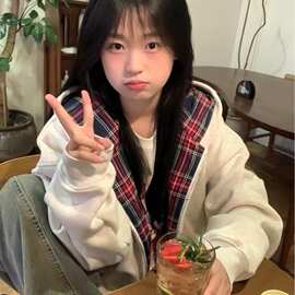 国潮牌拼接撞色格子连帽卫衣女春秋宽松学院风慵懒高级感时尚外套