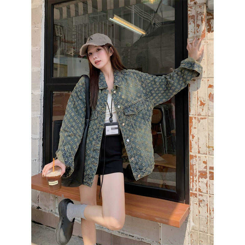 Real shot ~ 2024 new full printed jacquard Denim coat women's sweet cool hot girl style retro lazy jacket