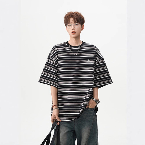 American Heavyweight Navy Blue Sweatshirt Short-Sleeve Men's Summer New Trend Loose Casual Color Block Silhouette Five-Sleeve Versatile Top