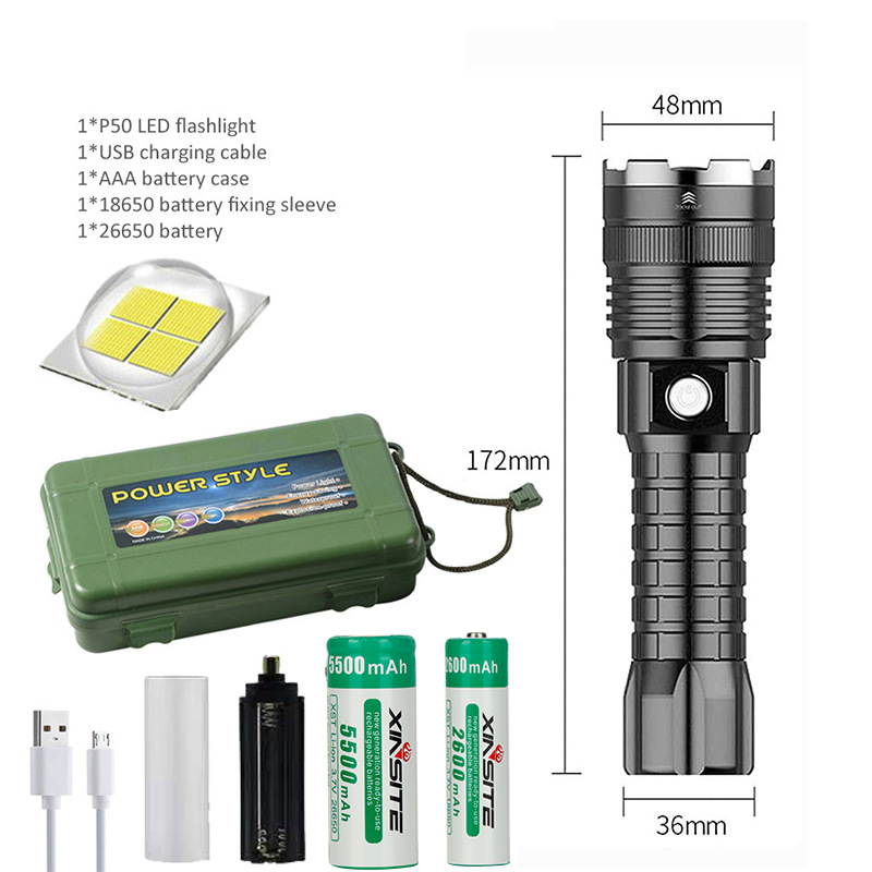 Transfronterizo nueva XHP50 aleación de aluminio de carga USB retráctil Pantalla de energía linterna P50 linterna de luz fuerte