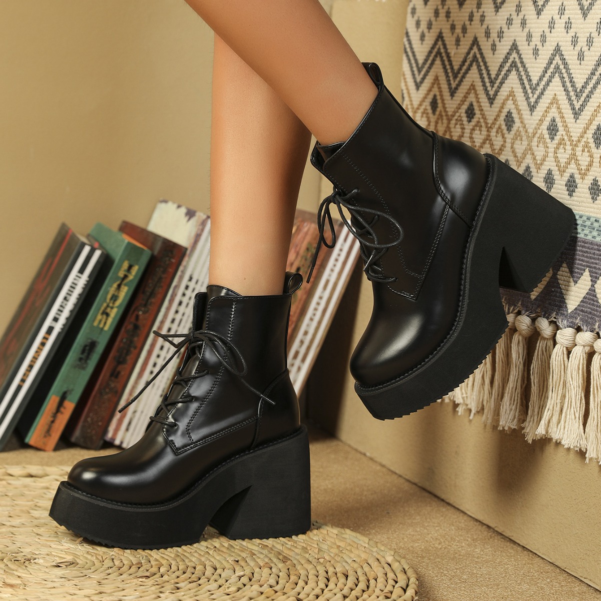 New Cross-border Export Boots Wedge Heel Thick Sole Comfortable Versatile Lace-up Platform Sole Black Women's Short Boots