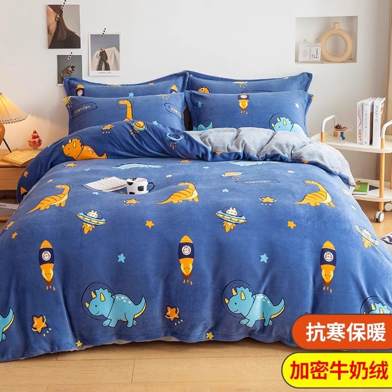 Cubierta de edredón de lana de leche de invierno de dibujos animados para niños pieza individual 150x200 terciopelo de coral más terciopelo grueso 1.5 juego de cama de cuatro piezas