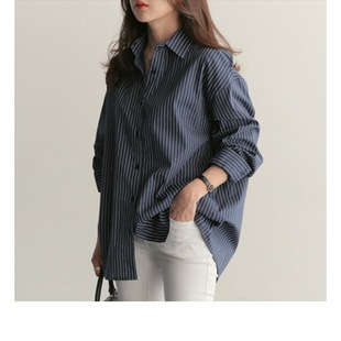 2024 spring new mid-length versatile loose blue vertical stripes BF plus size long sleeve shirt women's summer Korean style