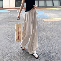 2025日系条纹阔腿裤女秋季薄款小个子高腰显瘦慵懒垂感拖地休闲裤