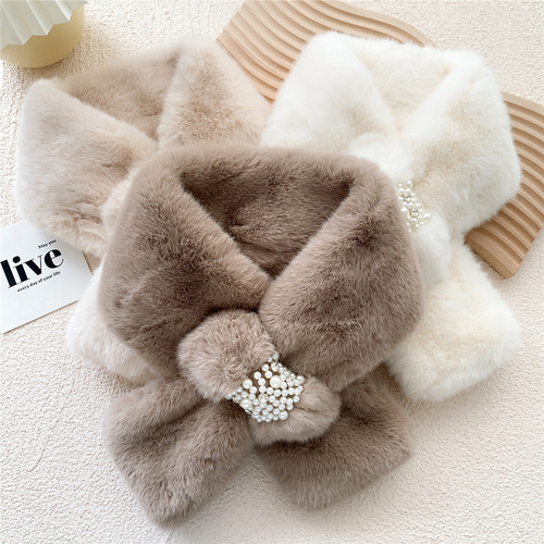 New scarf for women in autumn and winter, Korean version, versatile and warm, Japanese imitation Rex rabbit fur, Internet celebrity plush cross scarf, trendy