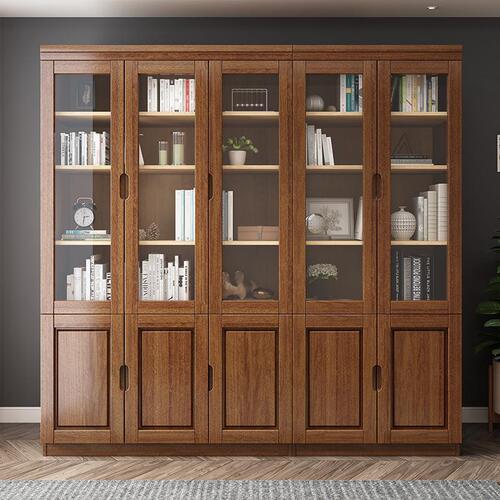 Modern simple Chinese solid wood bookcase combination three-door storage cabinet floor-to-ceiling glass door bookshelf six-door solid wood bookcase