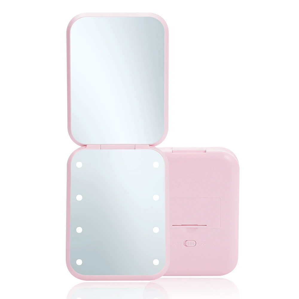 Foldable Mini LED Makeup Mirror, Double-Sided, ABS, 6 LEDs, Portable 70×70×10 mm