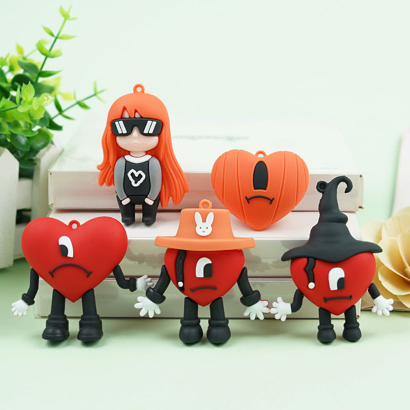 Cartoon Bad Bunny Soft Rubber Doll 3D Cartoon Anime Keychain Heart-Shaped Bag Keychain