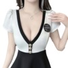 A waist up dress that covers the belly and has a low cut， making you look slimmer