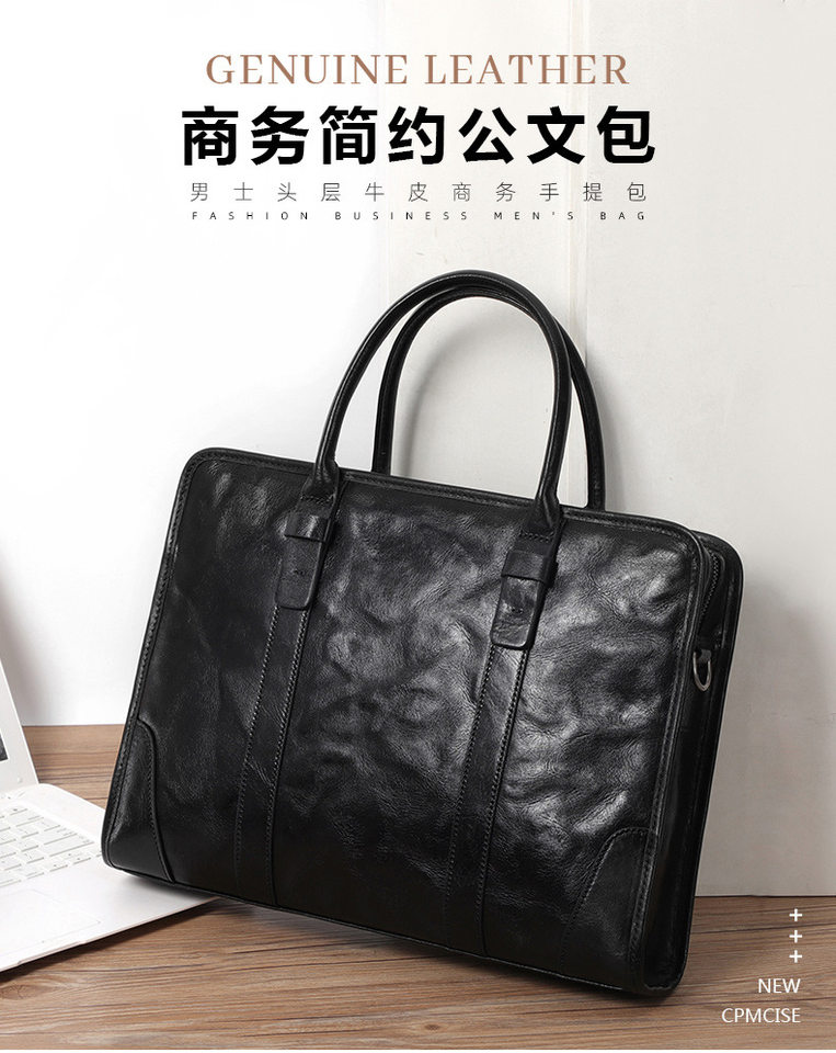 Túi xách tay nam da bò thật công sở đựng laptop 14 inch, 38×8×28 cm — Màu Đen thuộc da bình thường bên trong màu đen, Lớp lót flannel cao cấp, Lớp lót nỉ flannel cao cấp cầm tay màu đen chi tiết 1