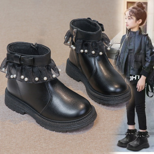 Girls' Boots with Pearl Lace Princess Shoes 2025 Autumn and Winter New Style Korean Fashion Single Boots Solid Color Cotton Boots