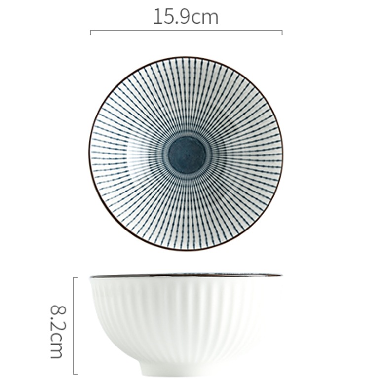 Cuenco de cerámica estilo japonés de 6 pulgadas, con rayas verticales y color bajo esmalte, para ramen, sopa dulce o uso doméstico.