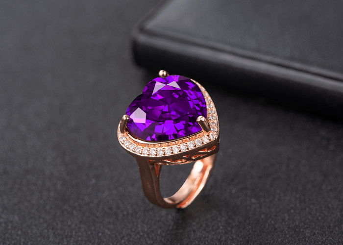 Korean Zircon-studded Rose Gold Amethyst Open Zircon Heart-shaped Amethyst Ring display picture 1