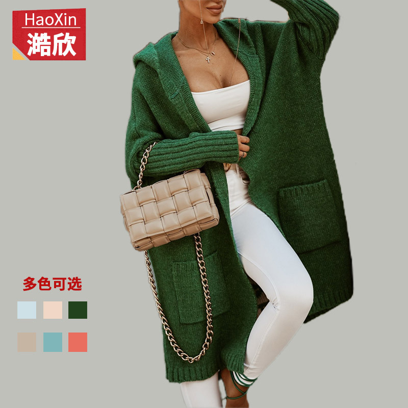 Cross-border foreign trade autumn and winter new sweater long cardigan lapel hooded letters woolen loose knitted jacket letters