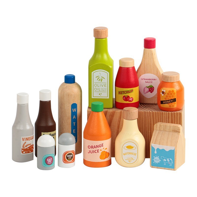 Botella de condimento de juego, juguetes, accesorios de cocina, platos de madera, juegos de niños, botellas de bebidas, botellas de leche con salsa