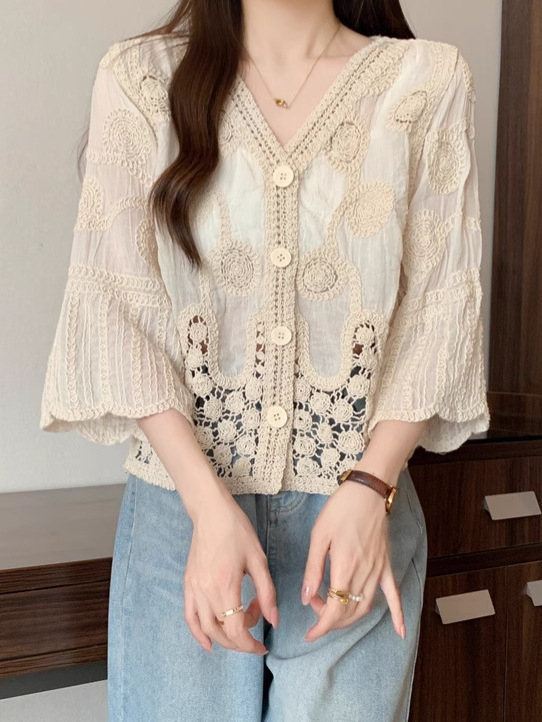 波西米亚风镂空七分袖女初夏新款大码胖mm遮肚外搭开衫上衣女 009|undefined
