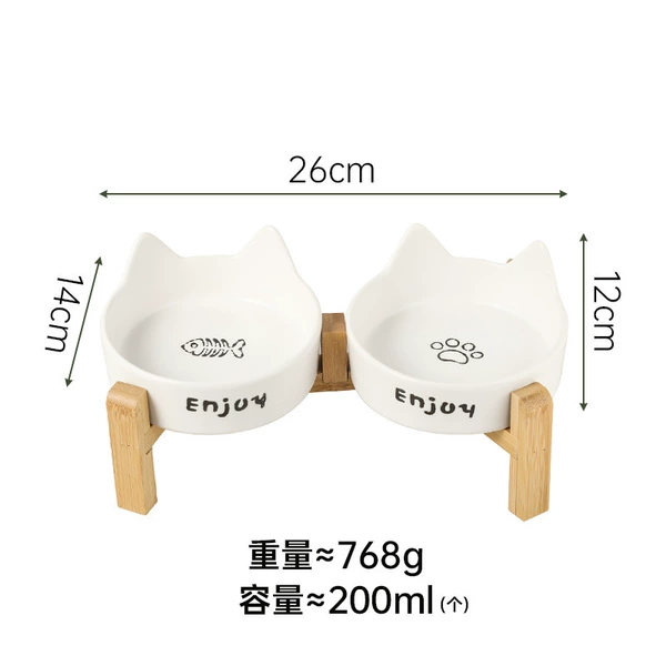 [猫耳白色猫爪鱼骨双碗+加高双木架]
