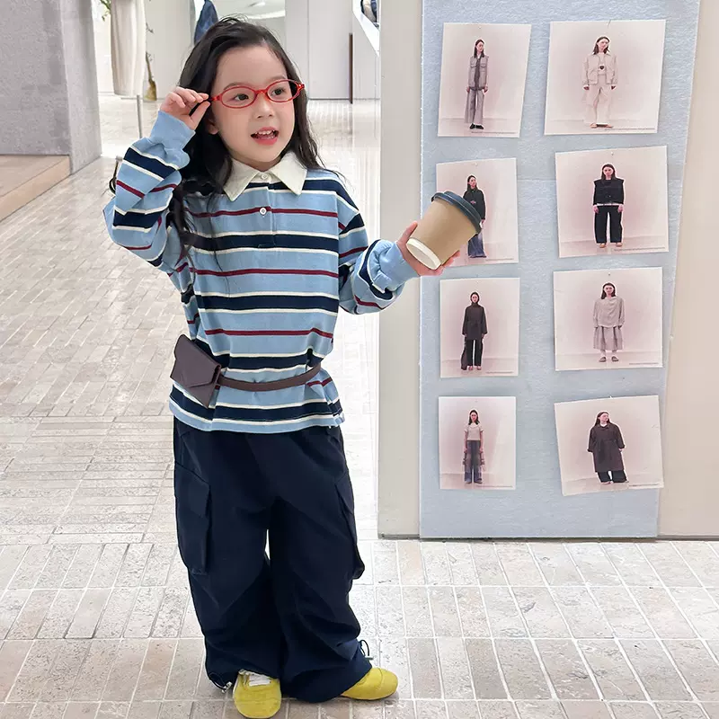艾摩贝贝男女童韩版宽条纹卫衣2025秋儿童翻领条纹撞色POLO衫上衣