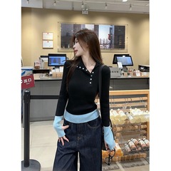 拼接撞色设计感翻领打底毛衣女秋冬季修身显瘦气质加厚内搭针织衫