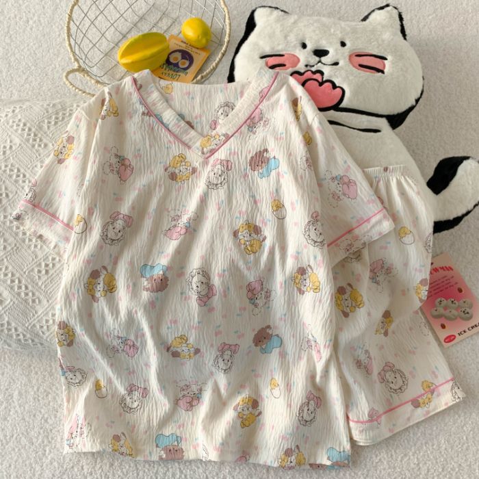Comercio exterior transfronterizo al por mayor verano nuevo pijama de algodón nublado de mujer pantalones cortos de manga corta red manga roja ropa de hogar de cuello en V dibujos animados