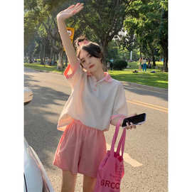 运动套装女夏季学生韩版宽松时尚polo领上衣短袖短裤休闲两件套潮