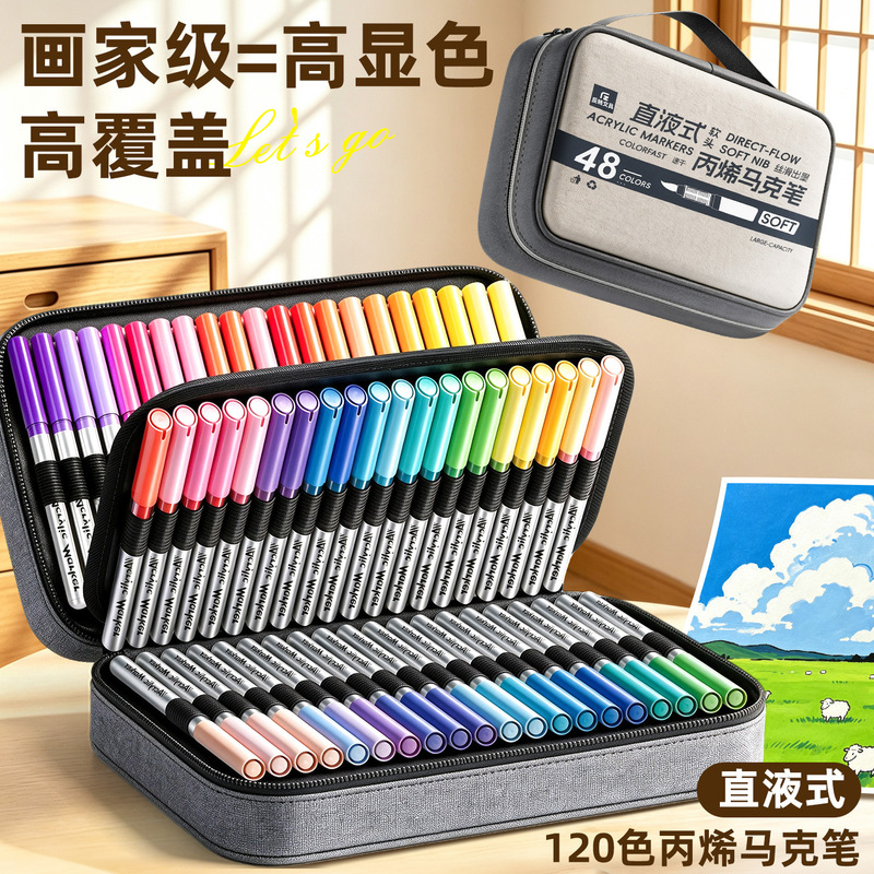 Reversible, direct-flow acrylic marker with a soft tip, designed for students and children, suitable for kindergarten art projects, quick-drying and non-bleeding