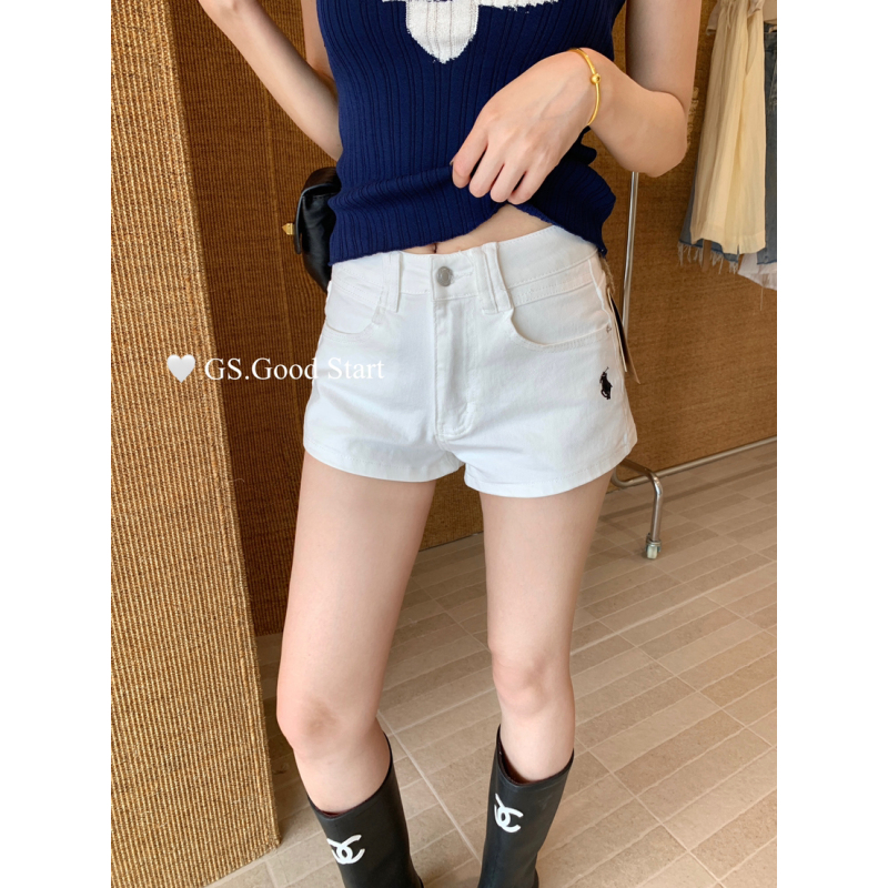 GS.GOOD START 夏万能クラシックロゴ刺繍ハイウエストスリムデニムショートパンツ(ベルト付き) G3018|undefined