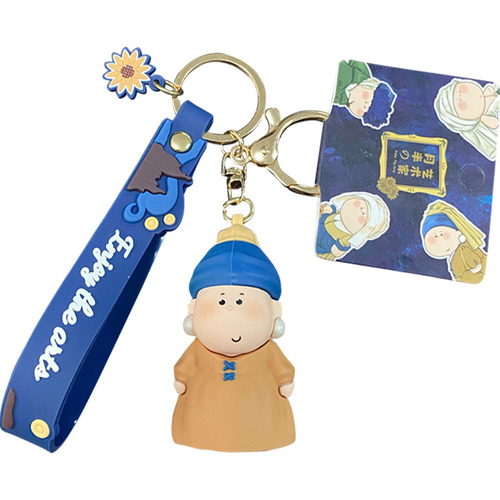 Original Moon Half Artist Girl with Pearl Earrings Keychain Cute Cartoon Couple Keychain Bag Charm