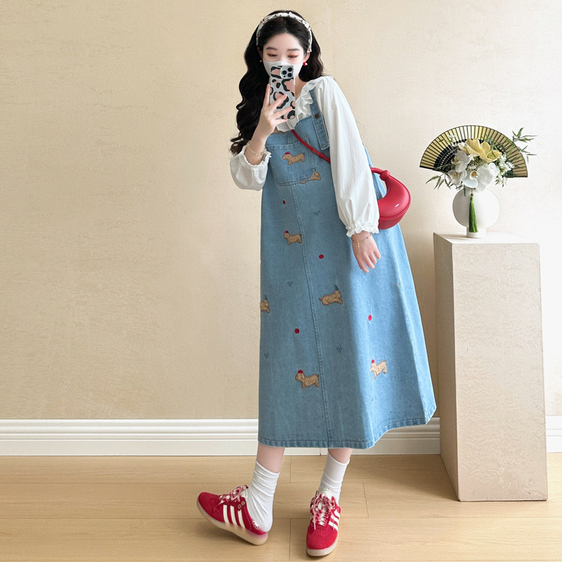 Maternity Denim Strapdress Shirt suit Women 2025 Early Spring New Slight Fat plus size Cute Pregnant Women Strapdress
