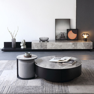 Italian-style light luxury bright rock plate retractable coffee table TV cabinet combination minimalist style living room home floor cabinet