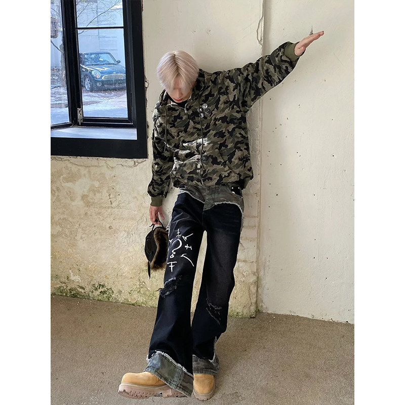 European And American Hip Hop Niche Patchwork Jeans Men's American Street Style Loose Casual Washed Ripped Straight Leg Jeans_mkmklike.com