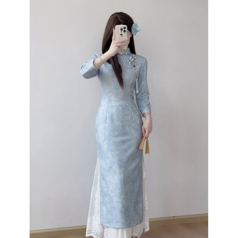 Cheongsam 2025 New Elegant Classy Slim Fit Improved Young Style Chinese Style Dress Blue Autum Women's Dress