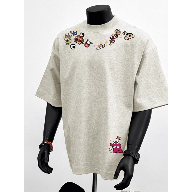 Same melange gray Heavy Graffiti boxy Shoulder Short Sleeve Men's Summer Cartoon Printed Small Collar T-Shirt Half Sleeve