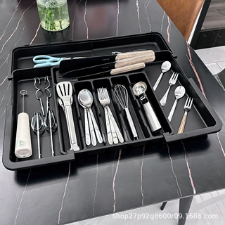厨房餐具分格收纳盒可伸缩 刀叉分类整理盒四向伸缩抽屉式餐具盒